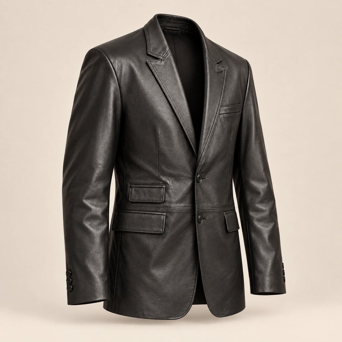 MOTOGRIP Kingsmere men's Black Ticket-Pocket Sheepskin Leather Blazer, three-quarter view.