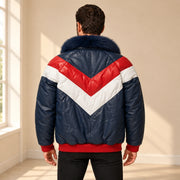 Back model view of the MOTOGRIP red, white and navy lambskin leather puffer jacket, showing its navy body with red and white V panels.
