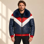 Front model view of the MOTOGRIP red, white and navy lambskin leather puffer jacket, showing its navy body with red and white V panels.