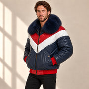 Three-quarter model view of the MOTOGRIP red, white and navy lambskin leather puffer jacket, showing its navy body with red and white V panels.