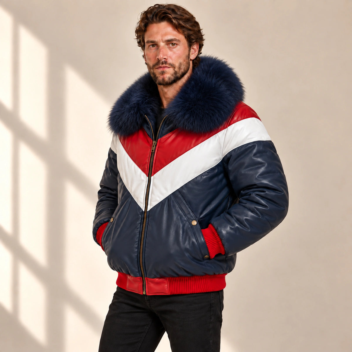 Three-quarter model view of the MOTOGRIP red, white and navy lambskin leather puffer jacket, showing its navy body with red and white V panels.