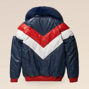 Back view of the MOTOGRIP red, white and navy lambskin leather puffer jacket, showing its navy body with red and white V panels.
