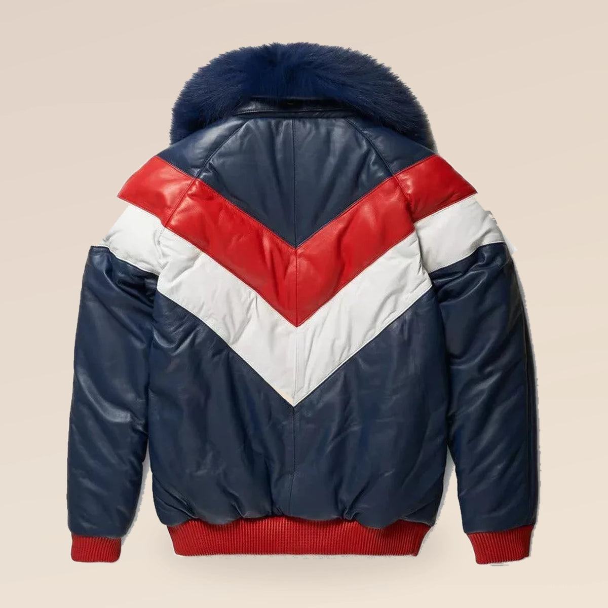 Back view of the MOTOGRIP red, white and navy lambskin leather puffer jacket, showing its navy body with red and white V panels.