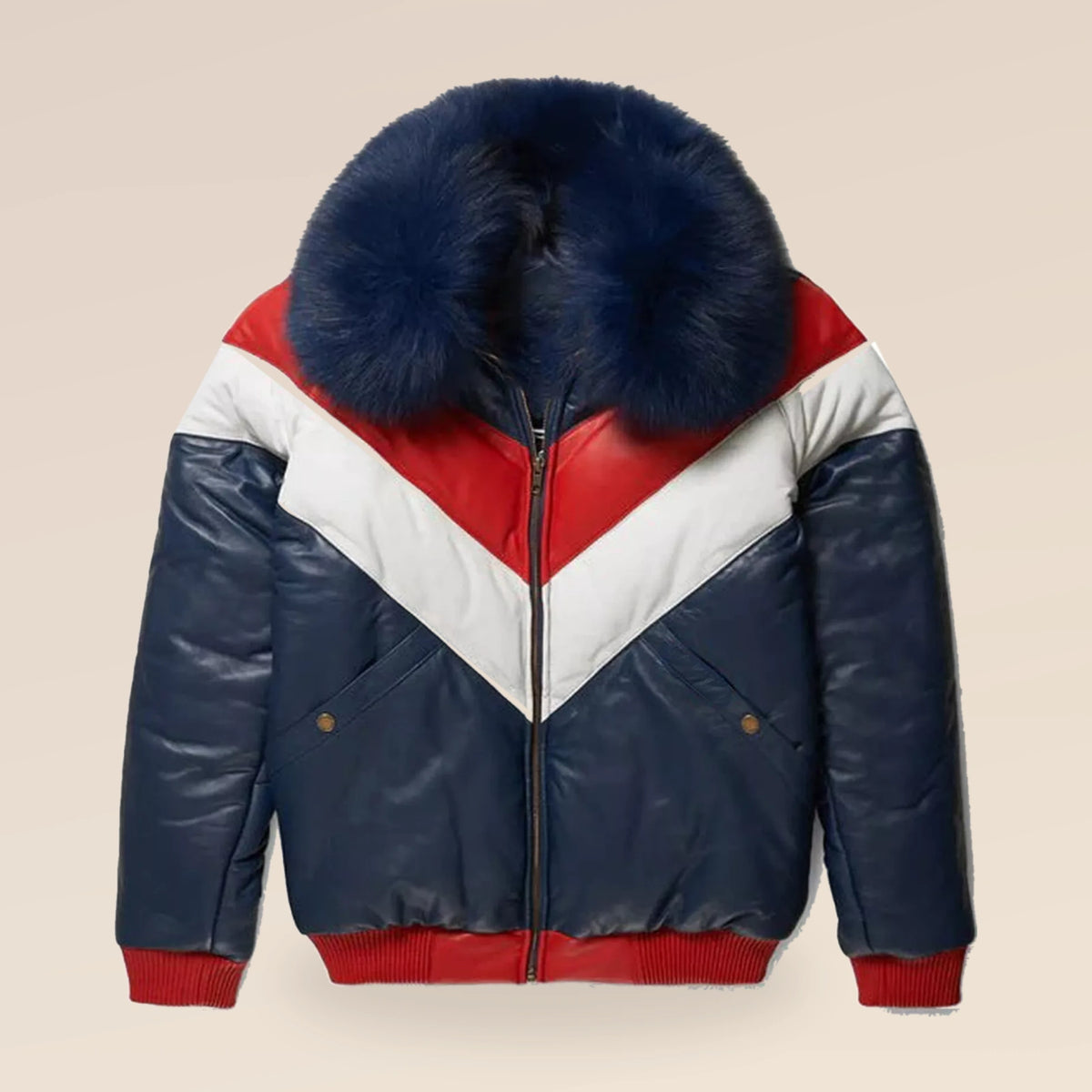 Front view of the MOTOGRIP red, white and navy lambskin leather puffer jacket, showing its navy body with red and white V panels.