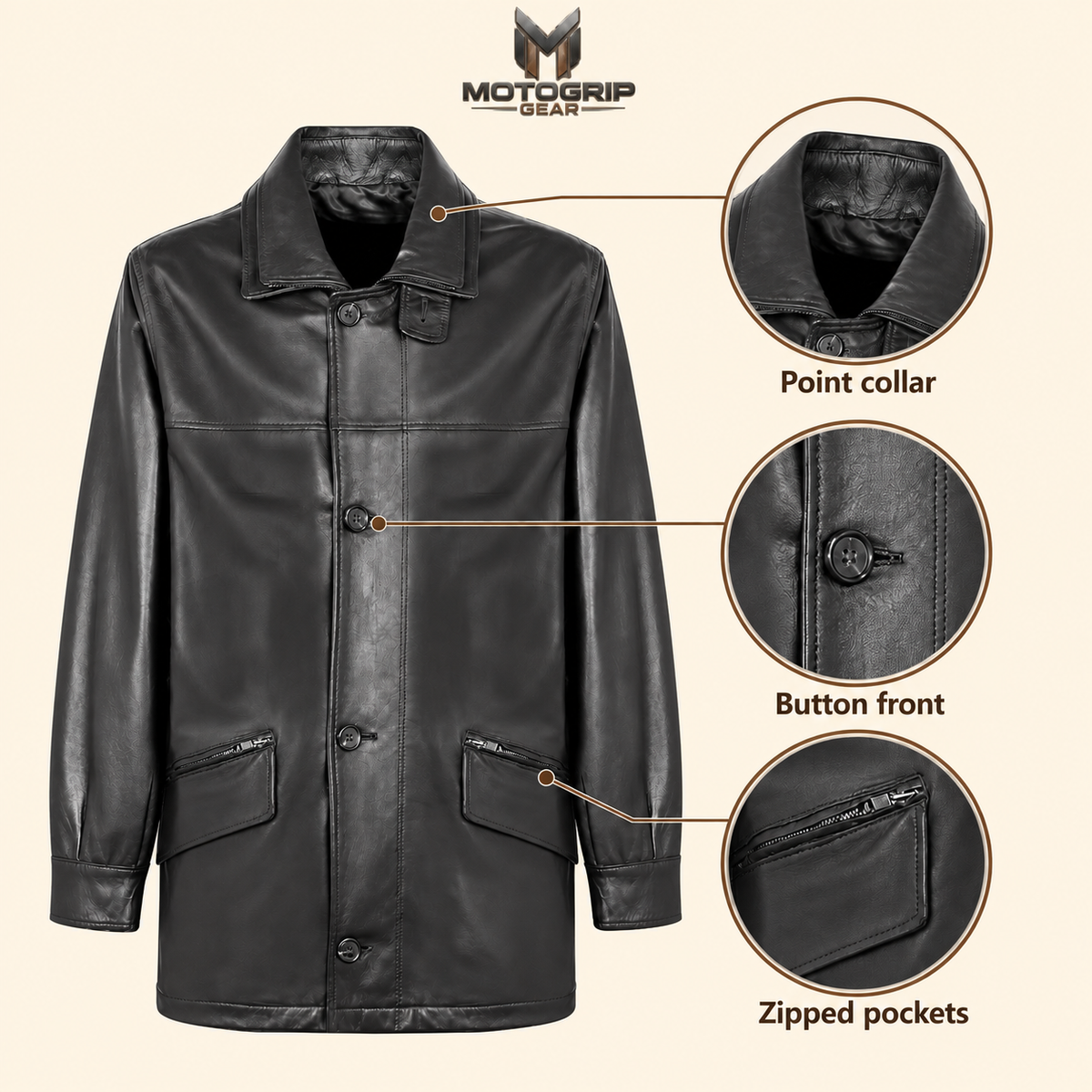 Feature diagram showing visible garment details of the Loxley men's black leather trench coat.