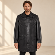Front view worn by a male model of the Loxley men's black leather trench coat.