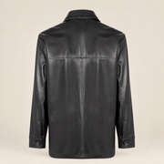 Straight rear product view of the Loxley men's black leather trench coat.