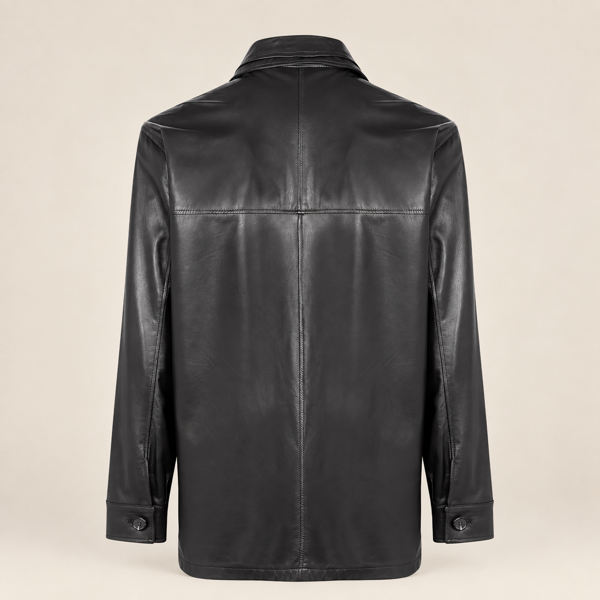 Straight rear product view of the Loxley men's black leather trench coat.