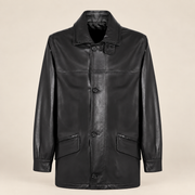 Straight front product view of the Loxley men's black leather trench coat.
