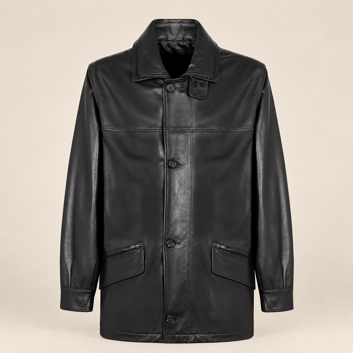 Straight front product view of the Loxley men's black leather trench coat.