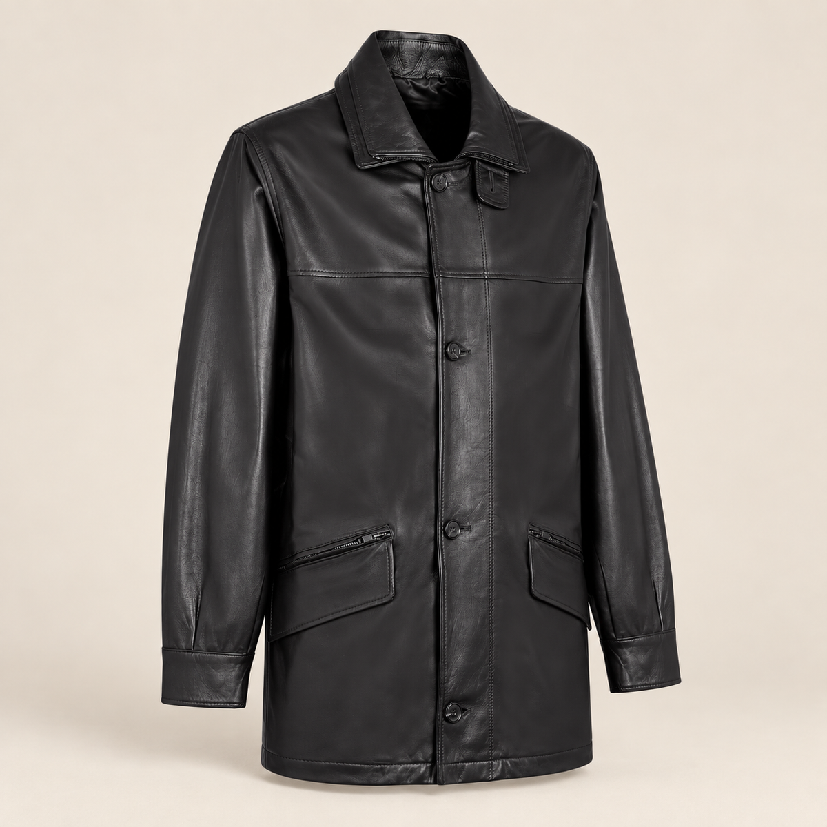 Three-quarter product view of the Loxley men's black leather trench coat.