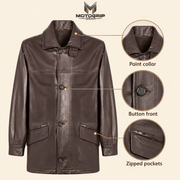 Feature diagram showing visible garment details of the Loxley men's brown leather trench coat.