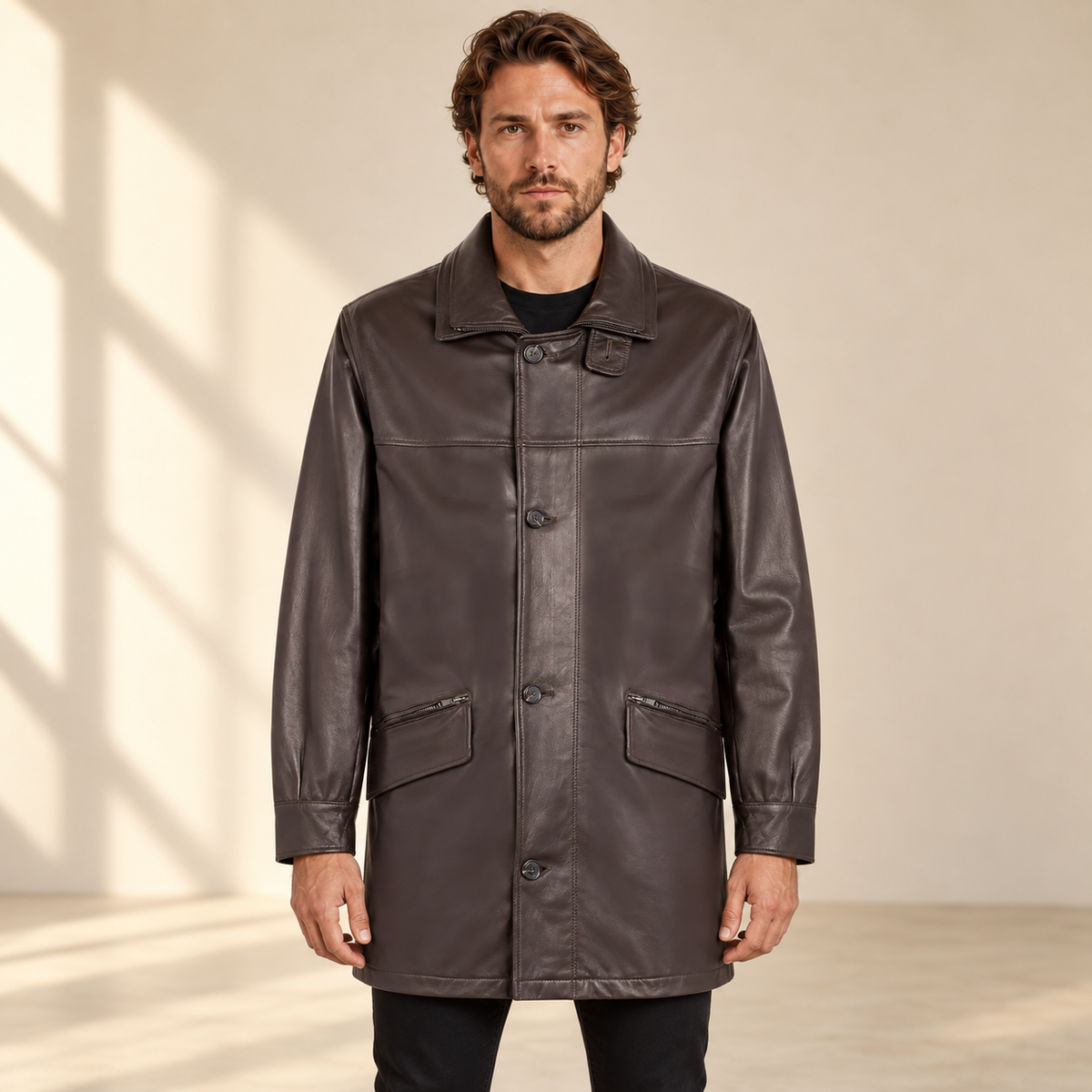 Front view worn by a male model of the Loxley men's brown leather trench coat.