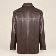 Straight rear product view of the Loxley men's brown leather trench coat.