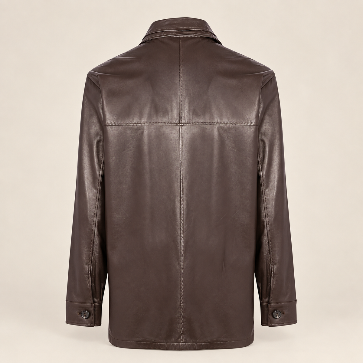 Straight rear product view of the Loxley men's brown leather trench coat.