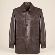 Straight front product view of the Loxley men's brown leather trench coat.