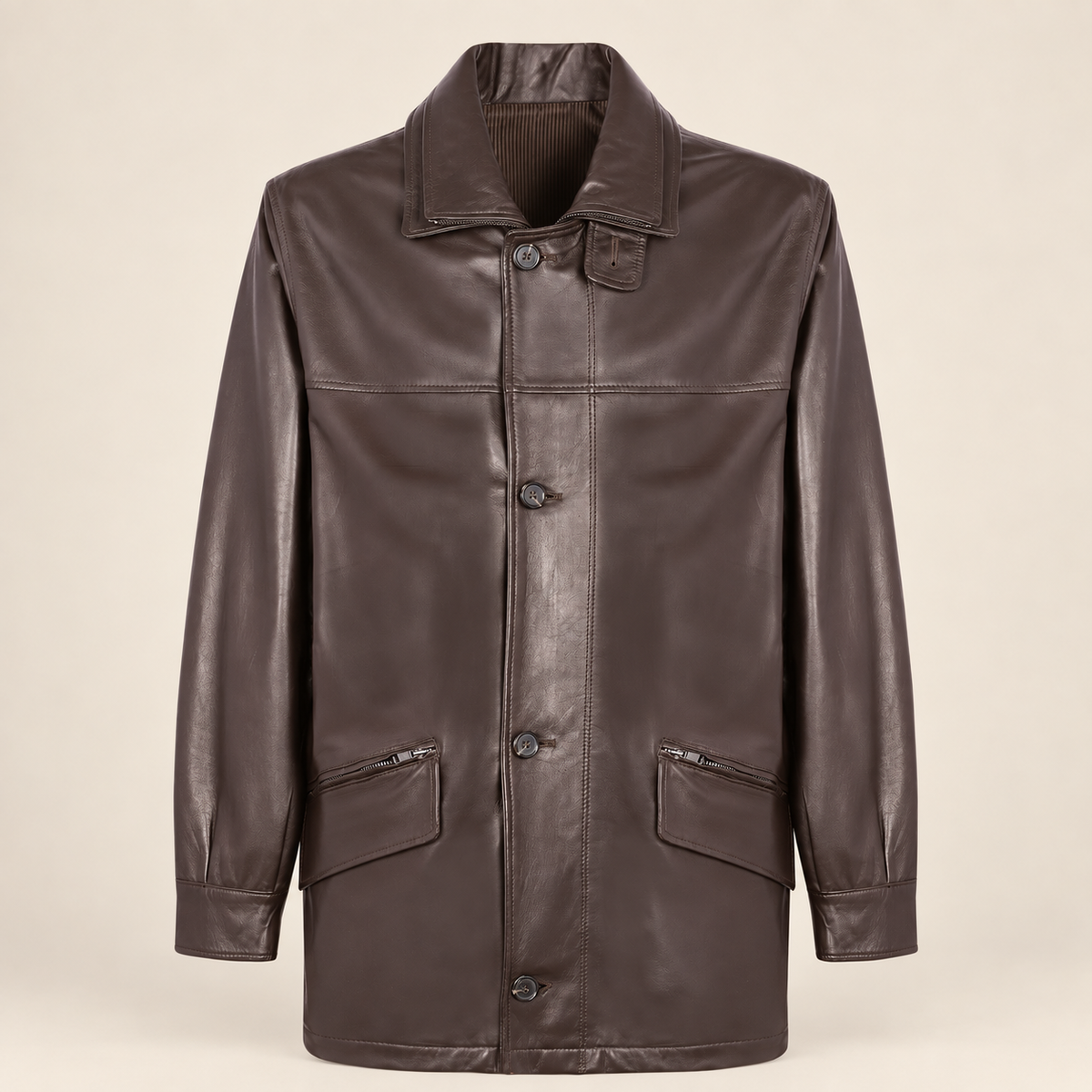 Straight front product view of the Loxley men's brown leather trench coat.