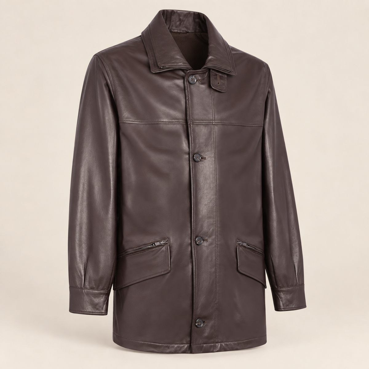 Three-quarter product view of the Loxley men's brown leather trench coat.