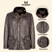 Feature diagram showing visible garment details of the Merriton men's brown leather coat.