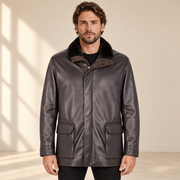 Front view worn by a male model of the Merriton men's brown leather coat.
