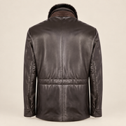 Straight rear product view of the Merriton men's brown leather coat.