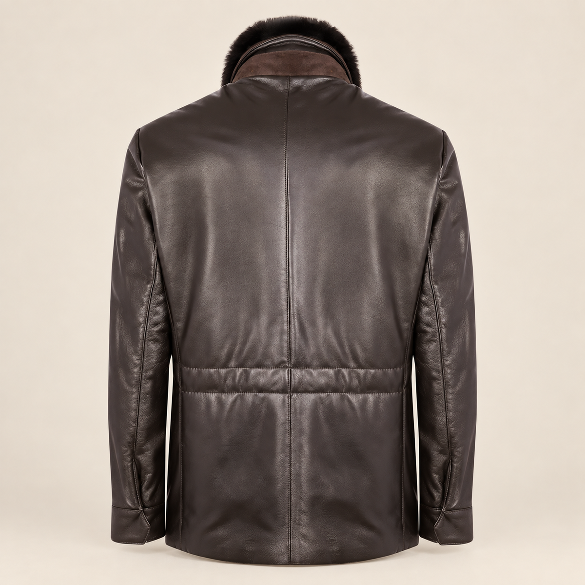 Straight rear product view of the Merriton men's brown leather coat.