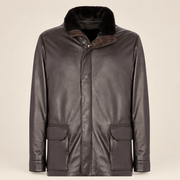 Straight front product view of the Merriton men's brown leather coat.