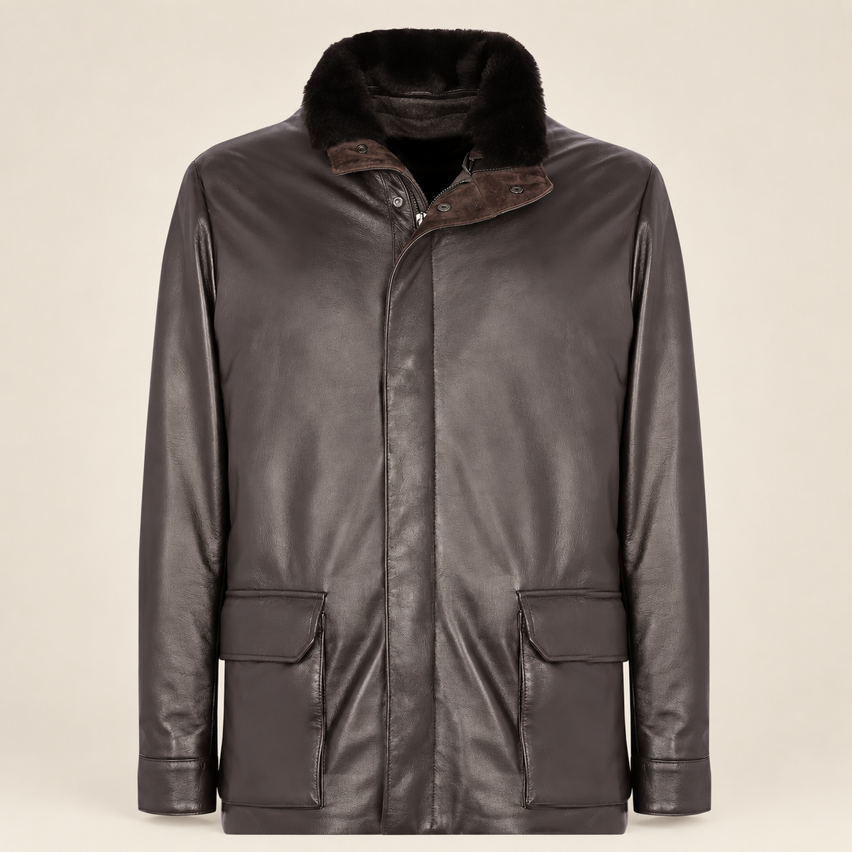 Straight front product view of the Merriton men's brown leather coat.