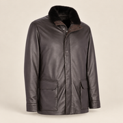 Three-quarter product view of the Merriton men's brown leather coat.