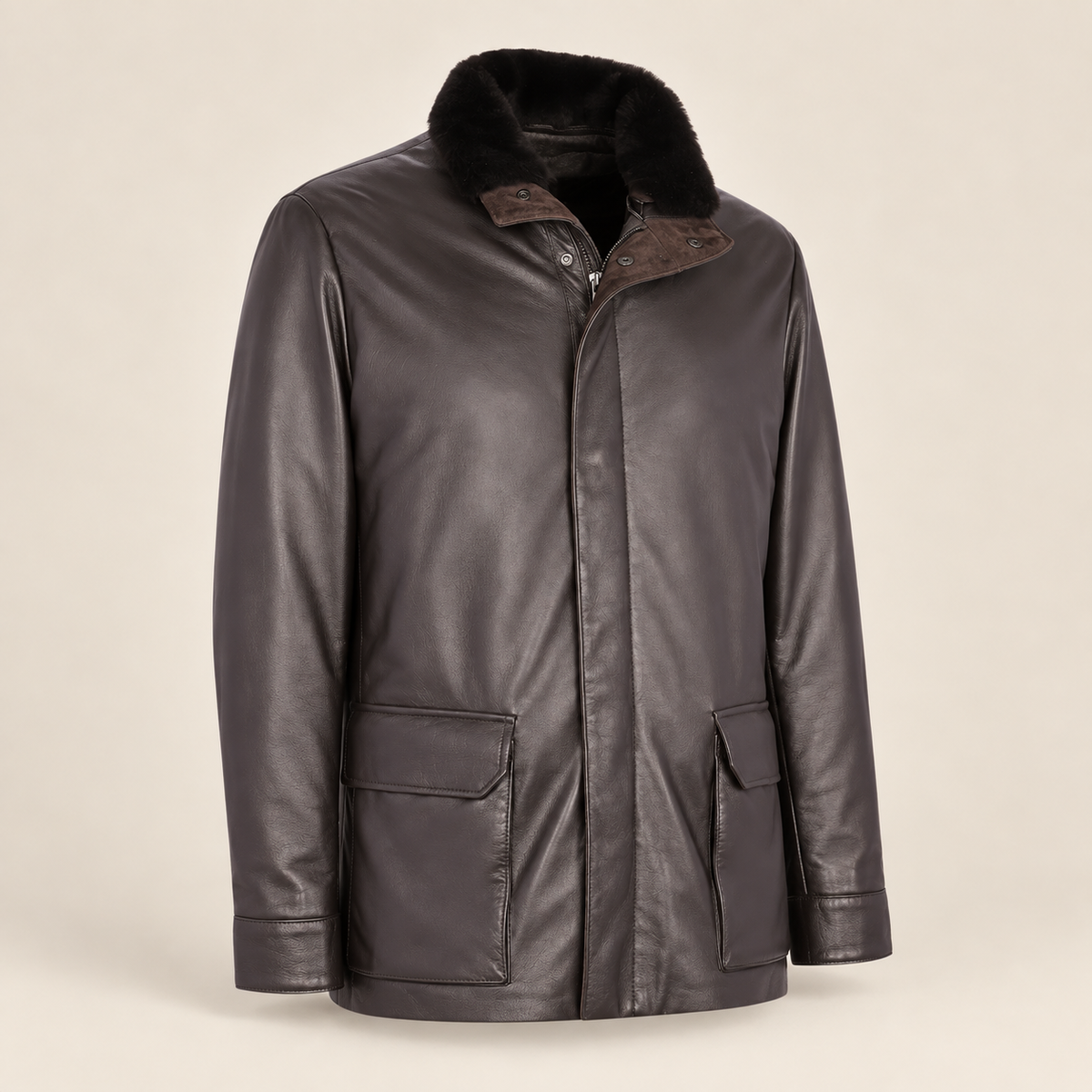 Three-quarter product view of the Merriton men's brown leather coat.