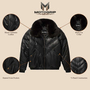 Detail infographic of the MOTOGRIP black lambskin leather puffer jacket, showing its black body with tonal V stitching.