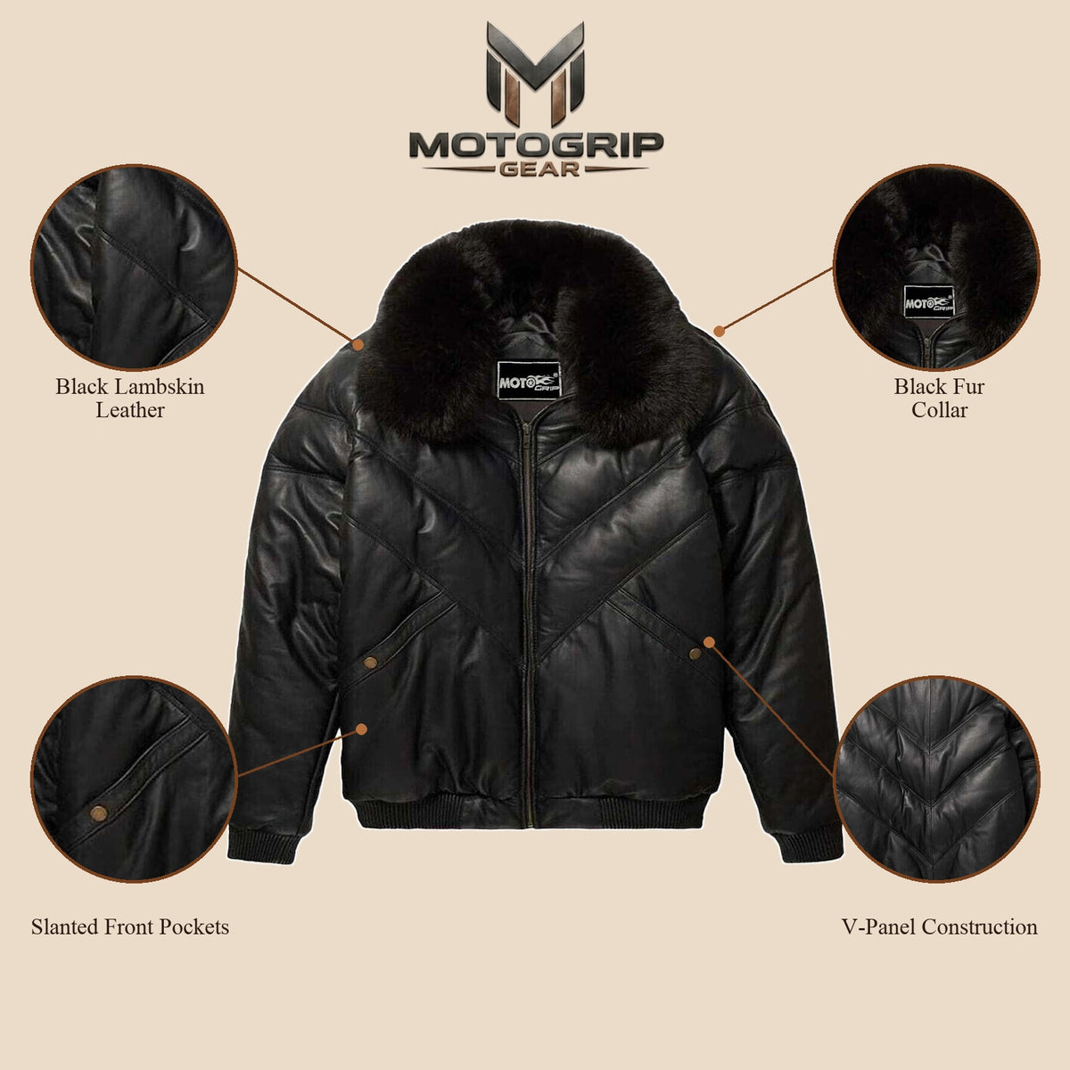 Detail infographic of the MOTOGRIP black lambskin leather puffer jacket, showing its black body with tonal V stitching.