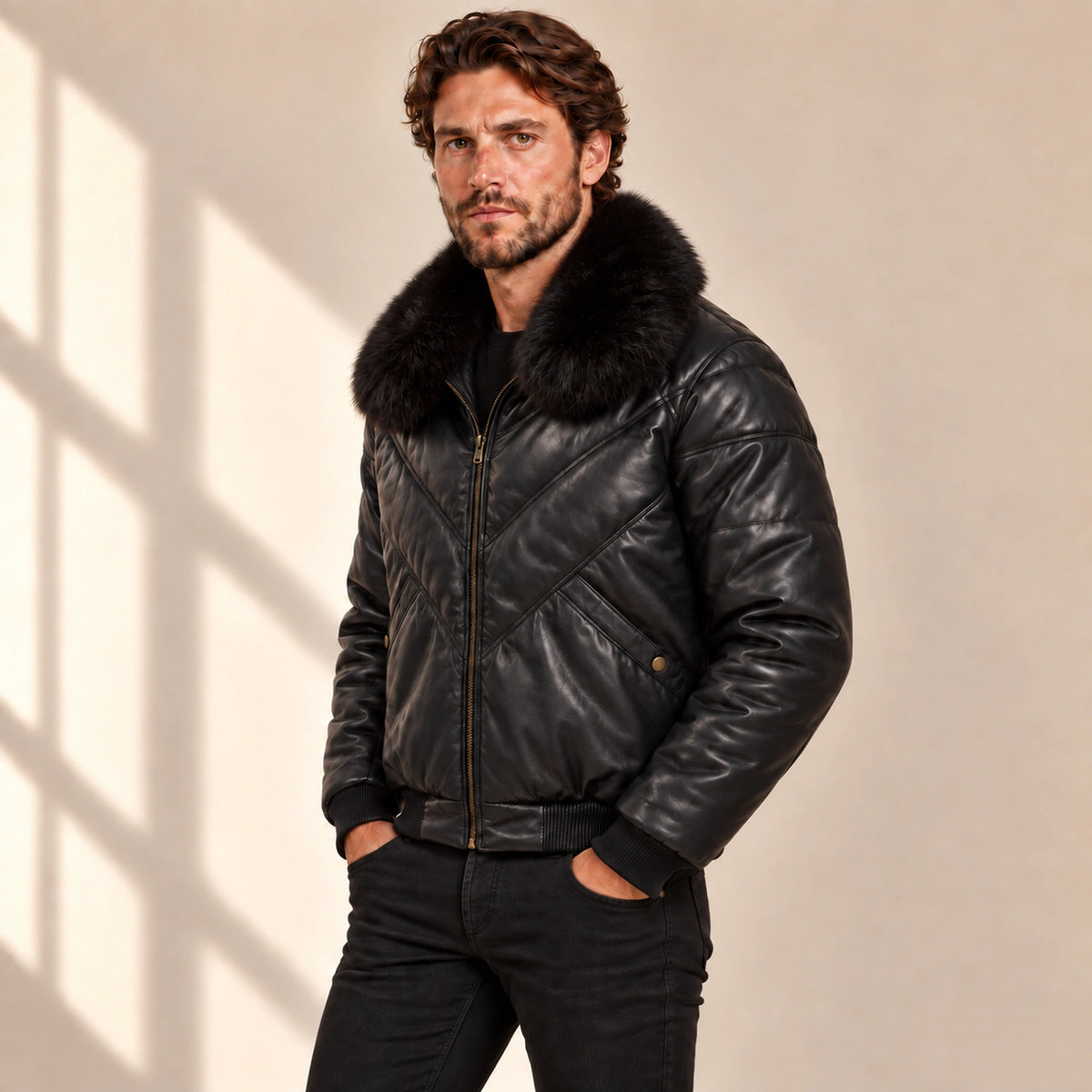 Three-quarter model view of the MOTOGRIP black lambskin leather puffer jacket, showing its black body with tonal V stitching.