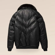 Back view of the MOTOGRIP black lambskin leather puffer jacket, showing its black body with tonal V stitching.