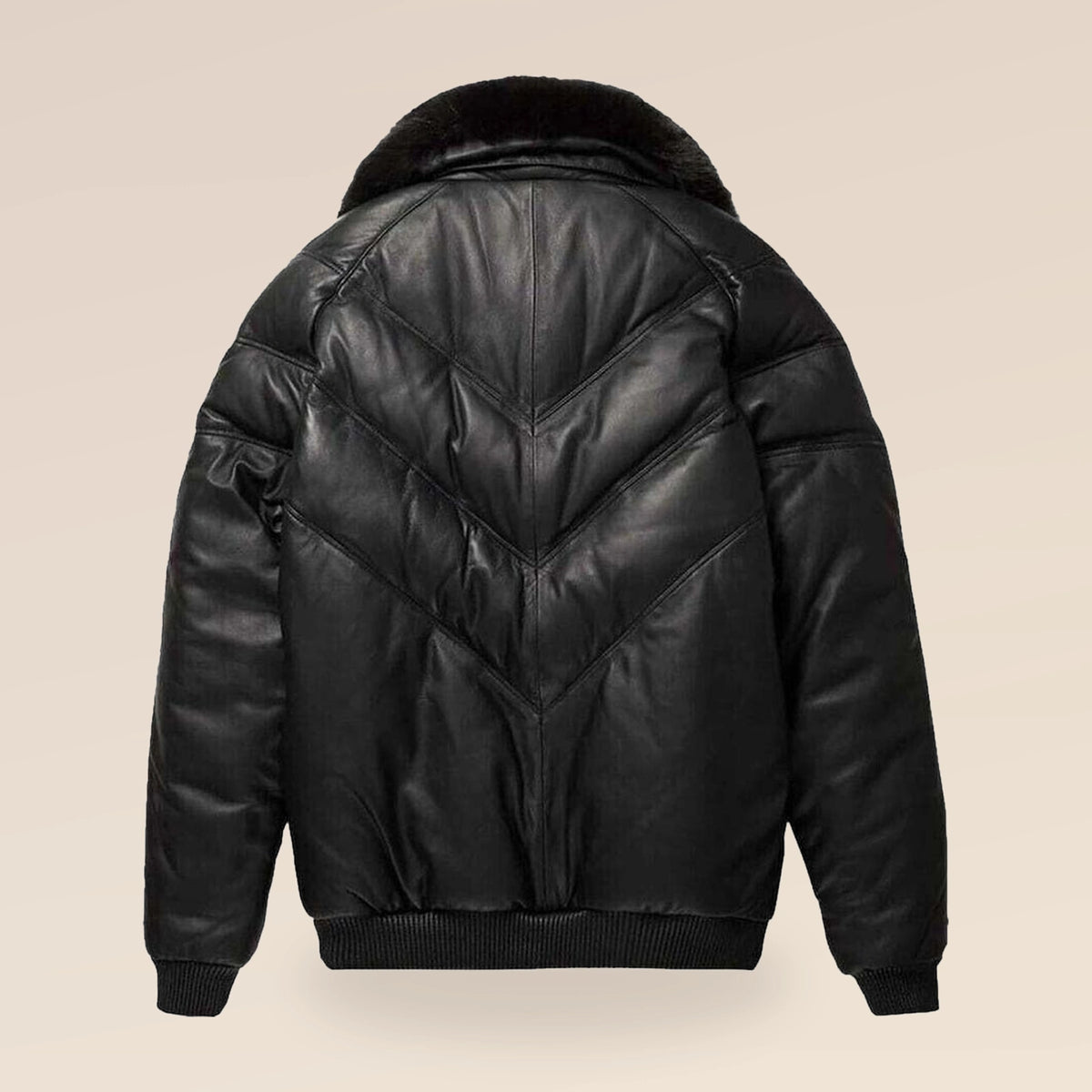 Back view of the MOTOGRIP black lambskin leather puffer jacket, showing its black body with tonal V stitching.