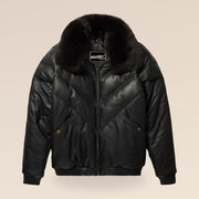 Front view of the MOTOGRIP black lambskin leather puffer jacket, showing its black body with tonal V stitching.