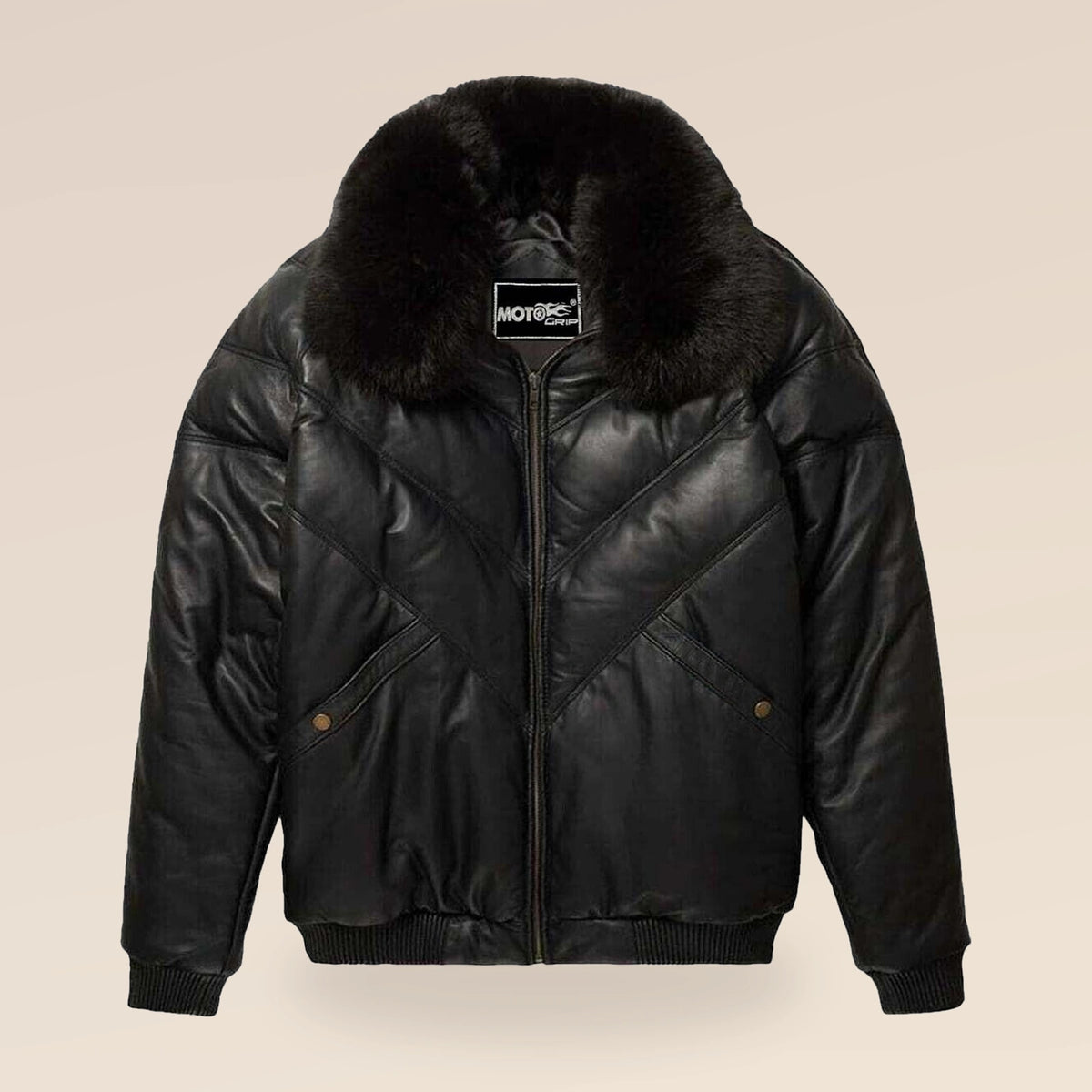 Front view of the MOTOGRIP black lambskin leather puffer jacket, showing its black body with tonal V stitching.