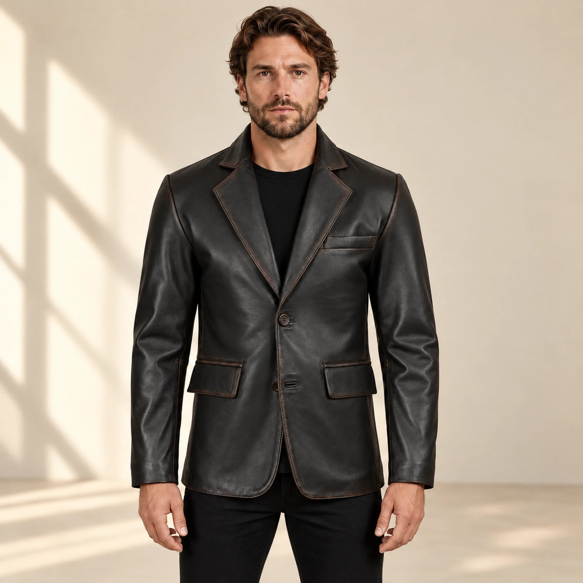 MOTOGRIP Nightburn men's Rub-Off Black Sheepskin Leather Blazer, front view on a model.
