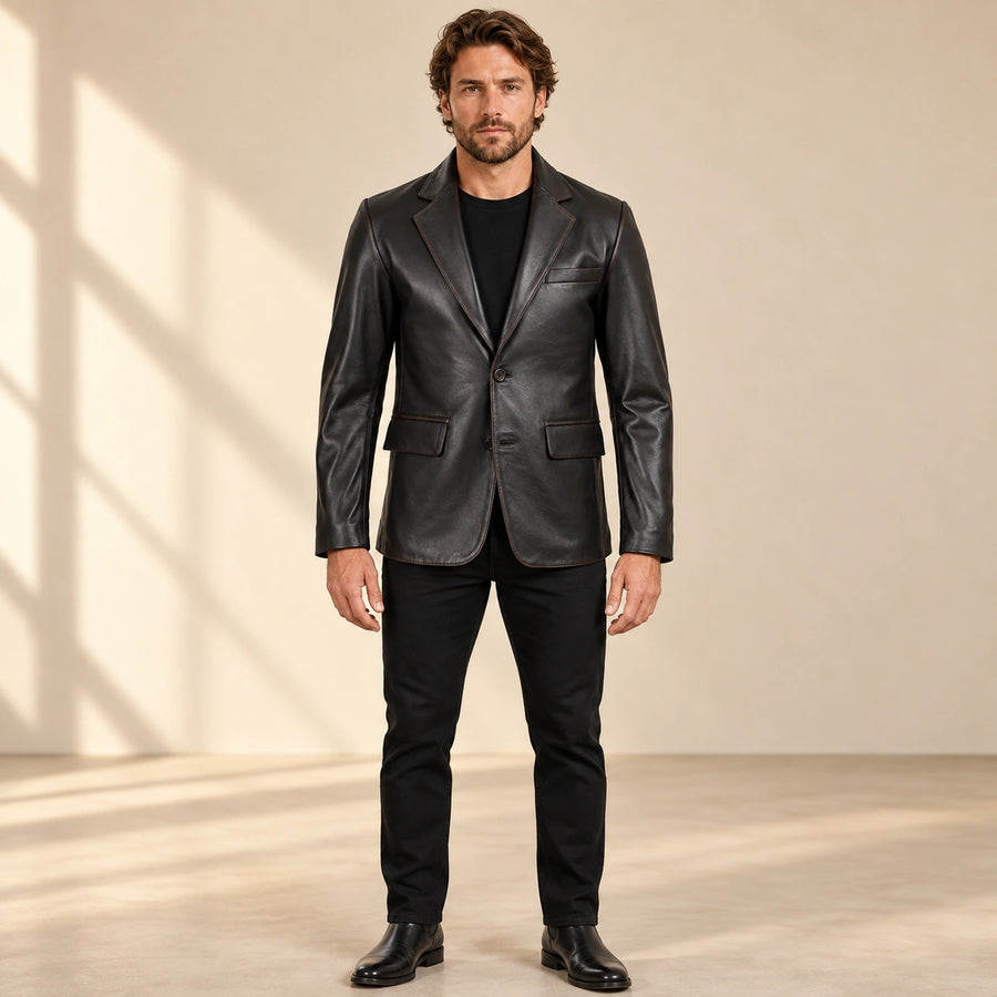 Nightburn Men's Rub-Off Black Sheepskin Leather Blazer