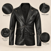 Noirmont Men's Black Notch-Lapel Sheepskin Leather Blazer