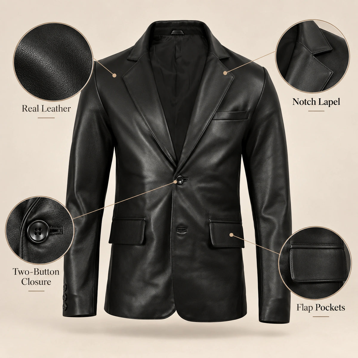 Noirmont Men's Black Notch-Lapel Sheepskin Leather Blazer