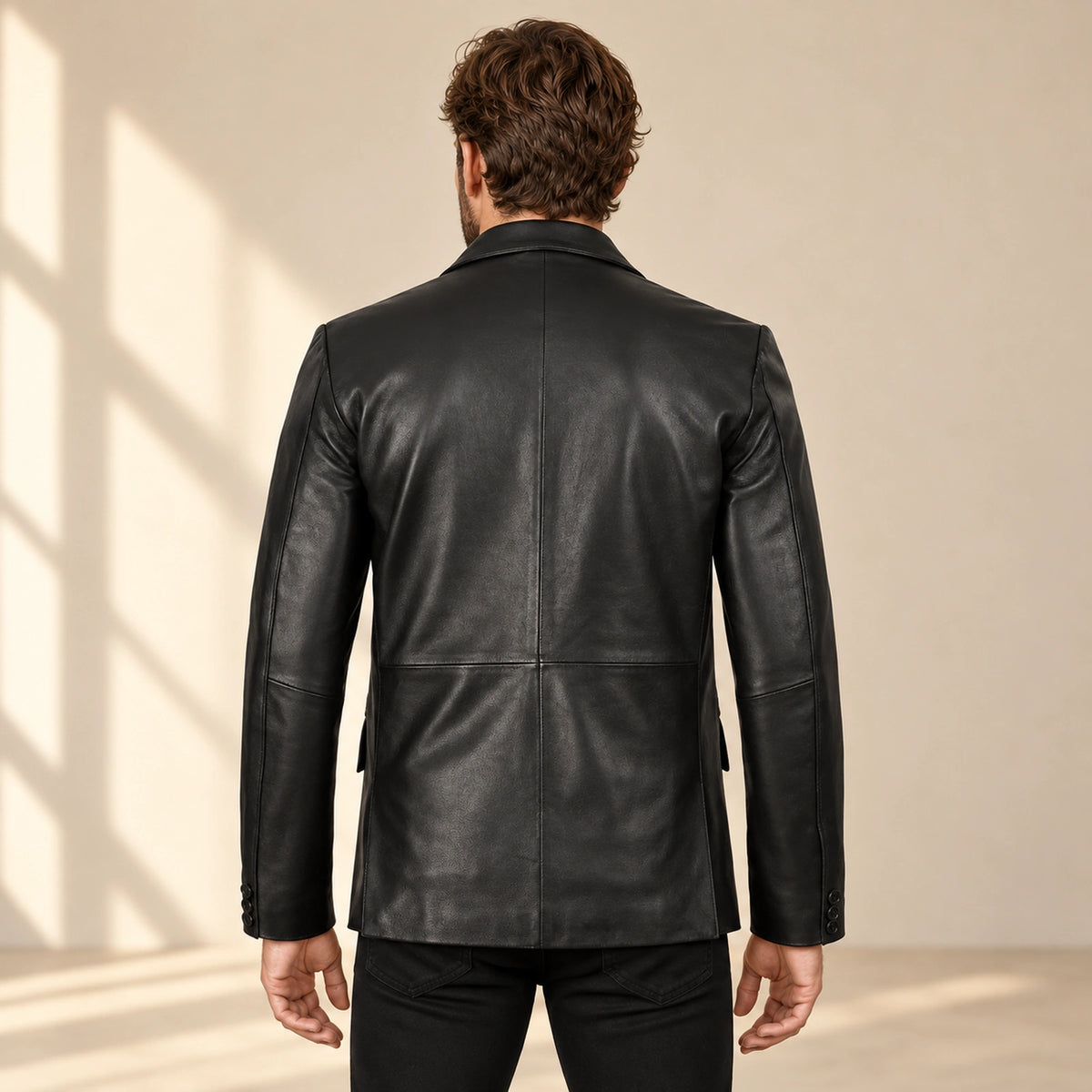 Noirmont Men's Black Notch-Lapel Sheepskin Leather Blazer