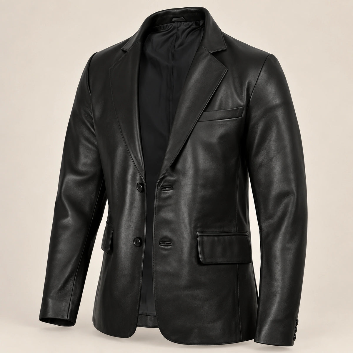 Noirmont Men's Black Notch-Lapel Sheepskin Leather Blazer