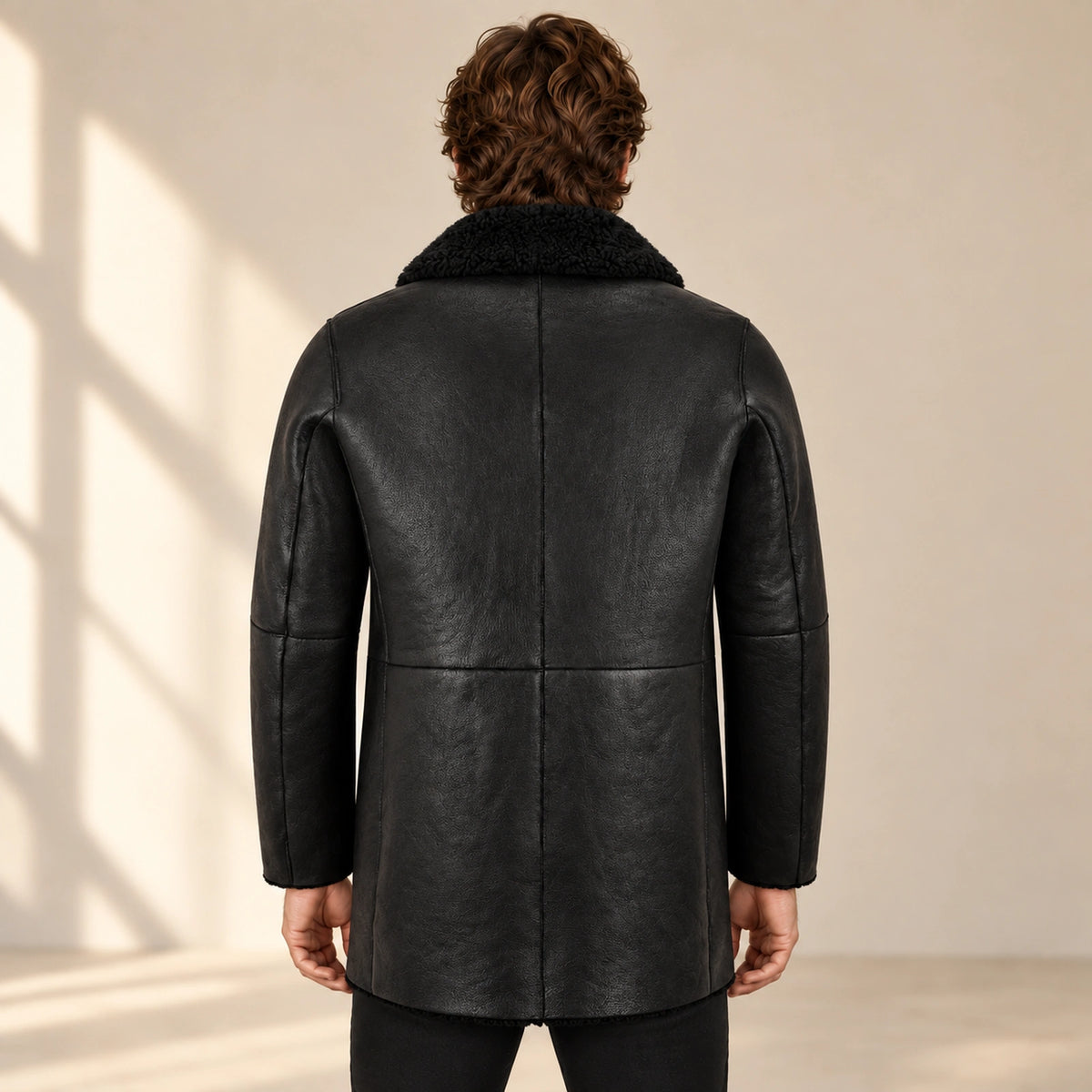 Back model view of the Norchester Men's Black Single-Breasted Sheepskin Coat