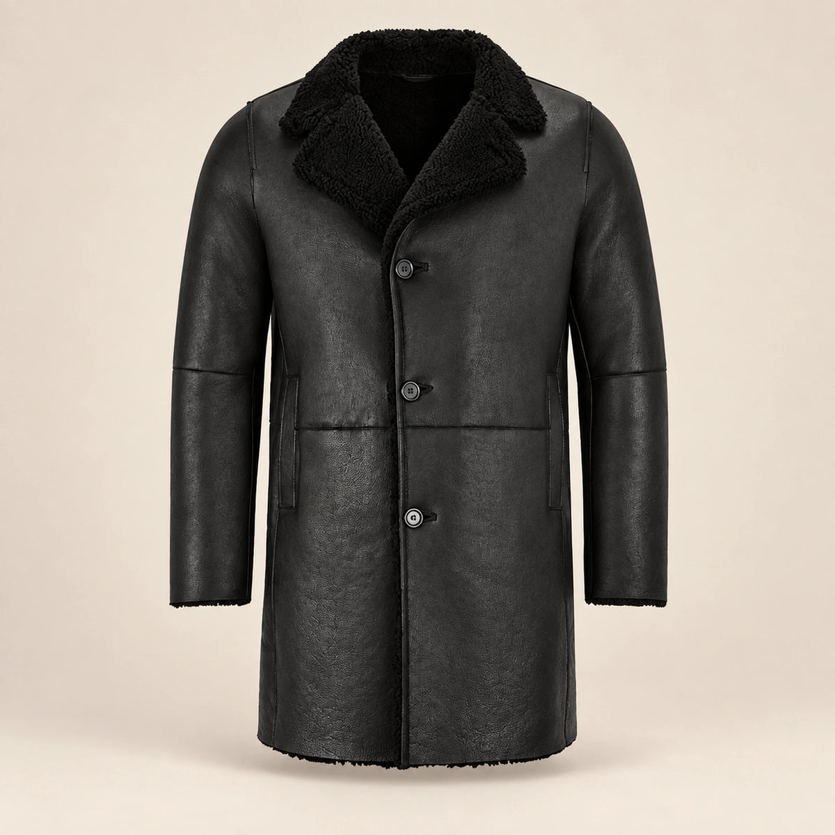Front product view of the Norchester Men's Black Single-Breasted Sheepskin Coat