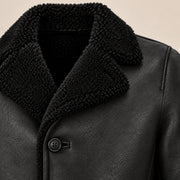 Leather grain and shearling close-up of the Norchester Men's Black Single-Breasted Sheepskin Coat