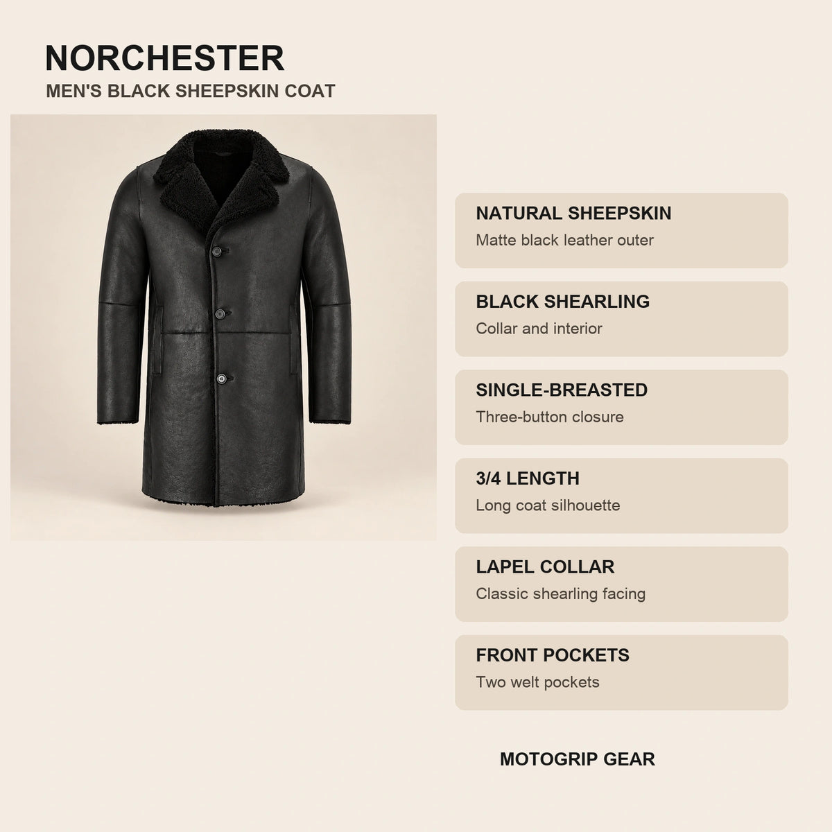 Key design features of the Norchester Men's Black Single-Breasted Sheepskin Coat