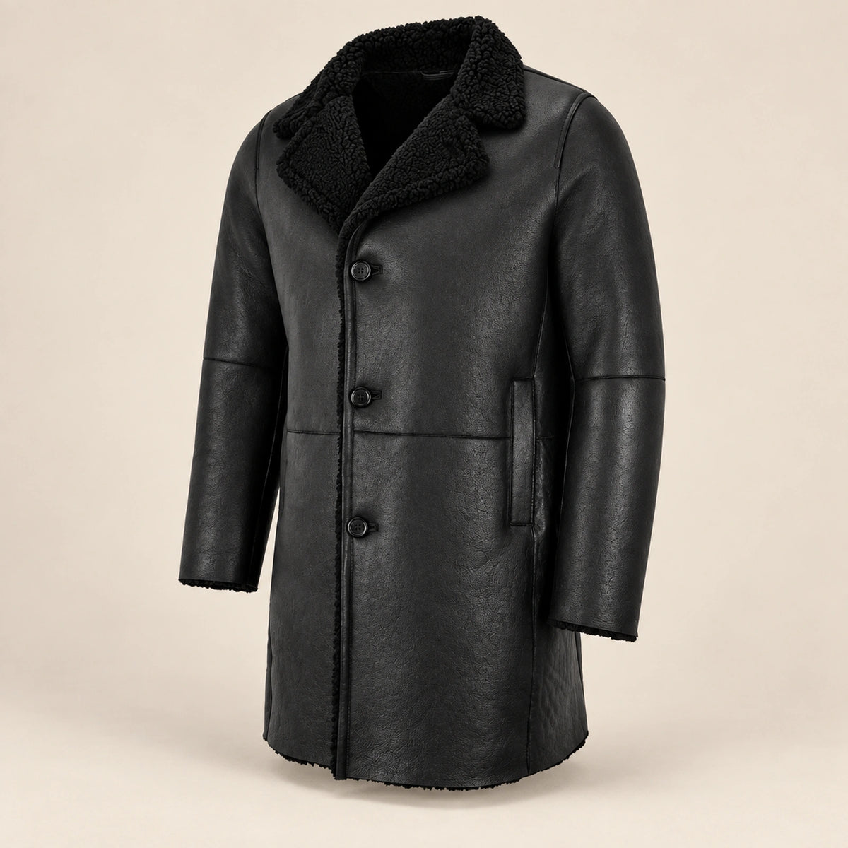 Three-quarter product view of the Norchester Men's Black Single-Breasted Sheepskin Coat