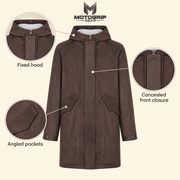 Feature diagram showing visible garment details of the Norcliffe men's brown hooded leather parka.