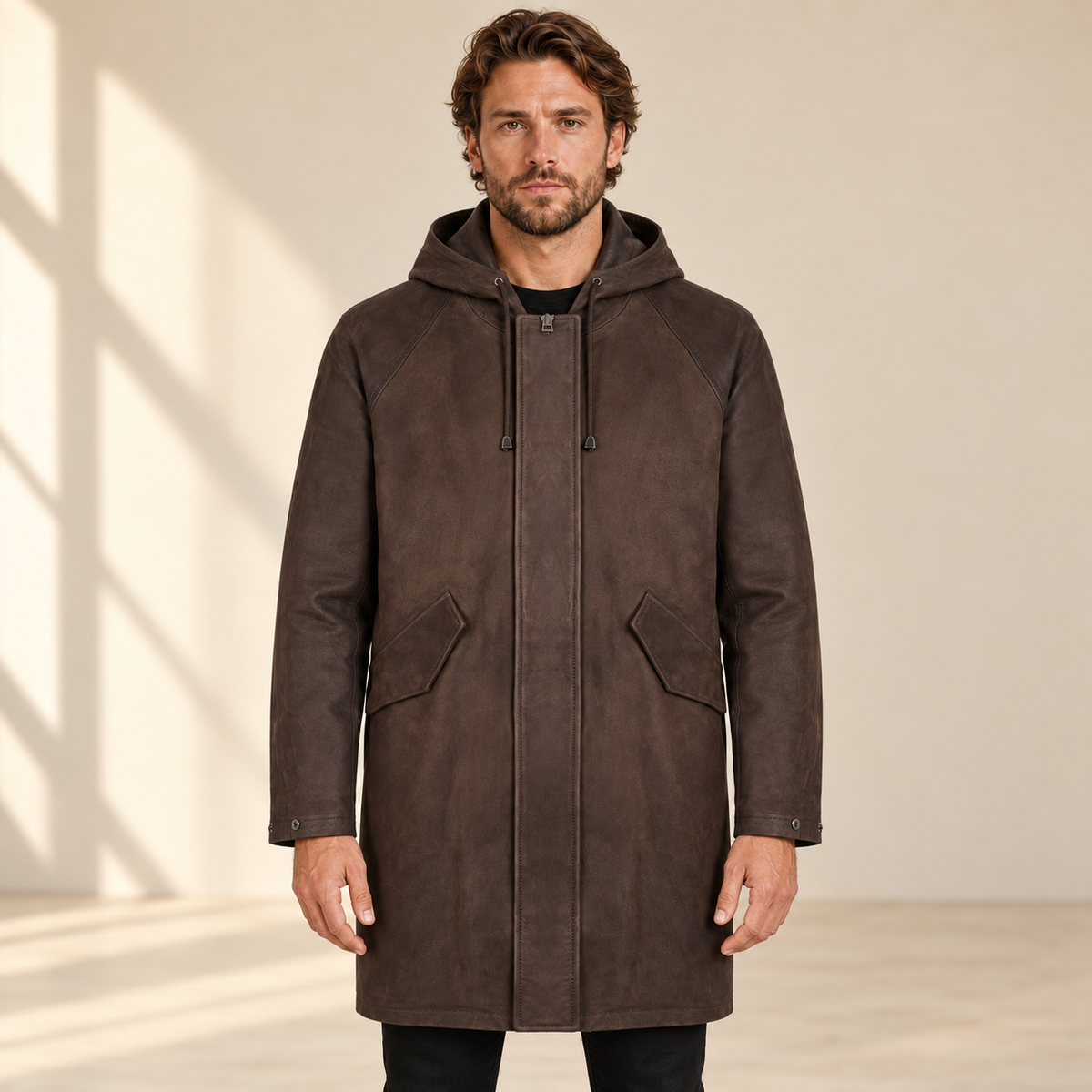 Front view worn by a male model of the Norcliffe men's brown hooded leather parka.
